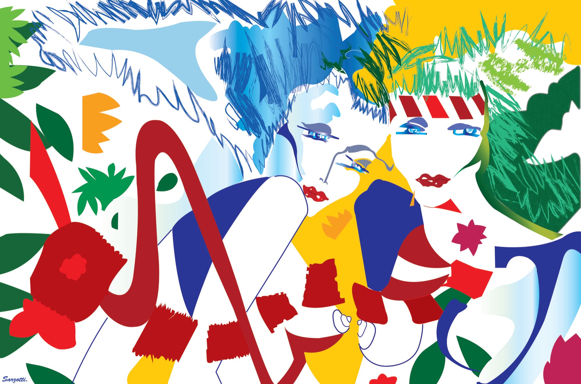 Colourful pop-art jungle with stylised faces among red, blue and green foliage
