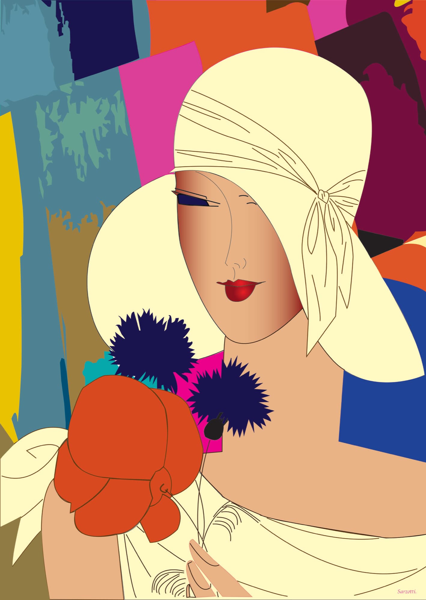Art-deco woman in a cream cloche hat holding a red poppy and blue flowers