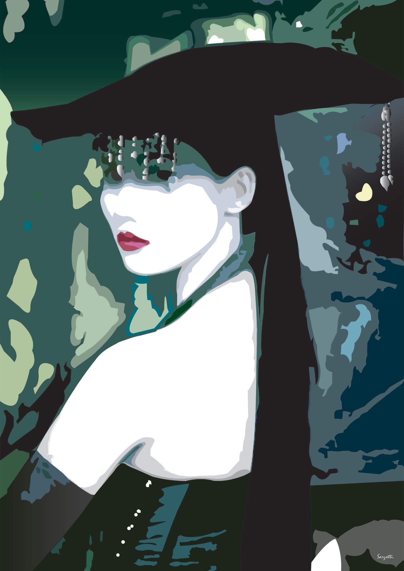 Pale-faced woman in a wide black hat against deep green shadows