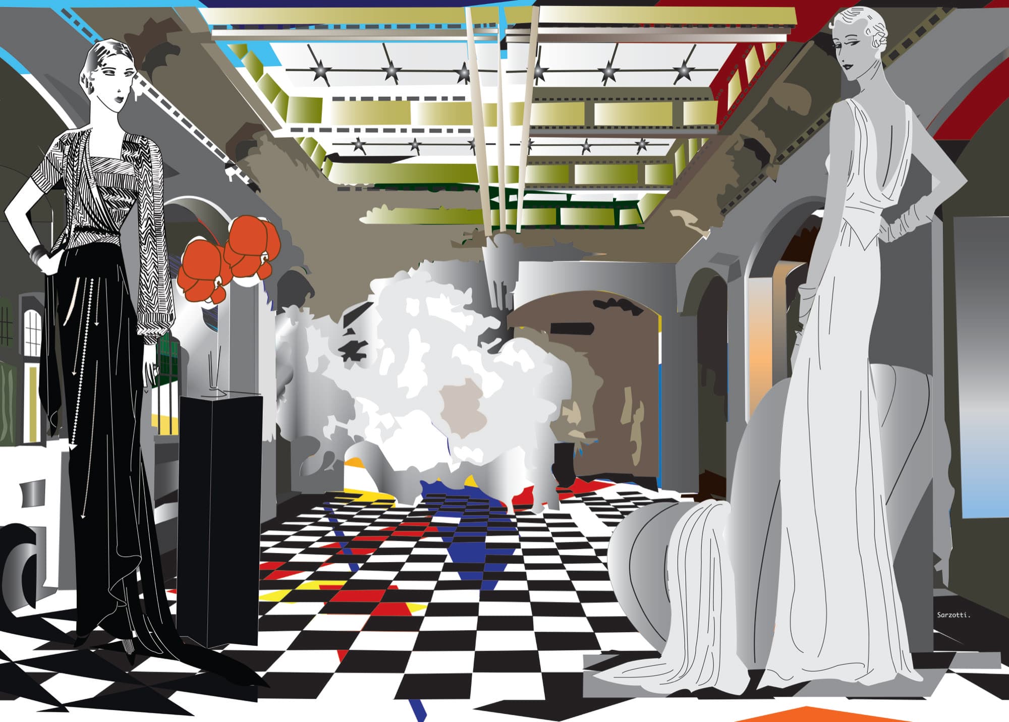 Two 1920s women in evening gowns in a grand hall with a chequered floor