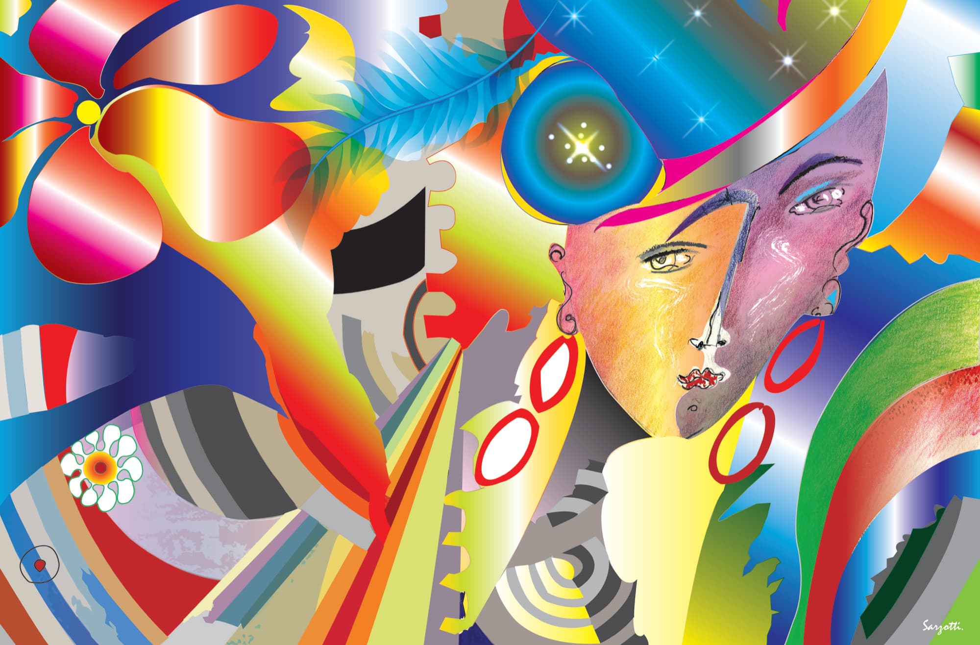 Rainbow-coloured abstract portrait of a woman with a feathered hat