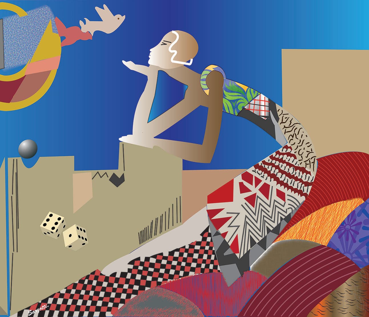 Stylised figure on a terrace against a deep blue sky, with dice and patterned fabric