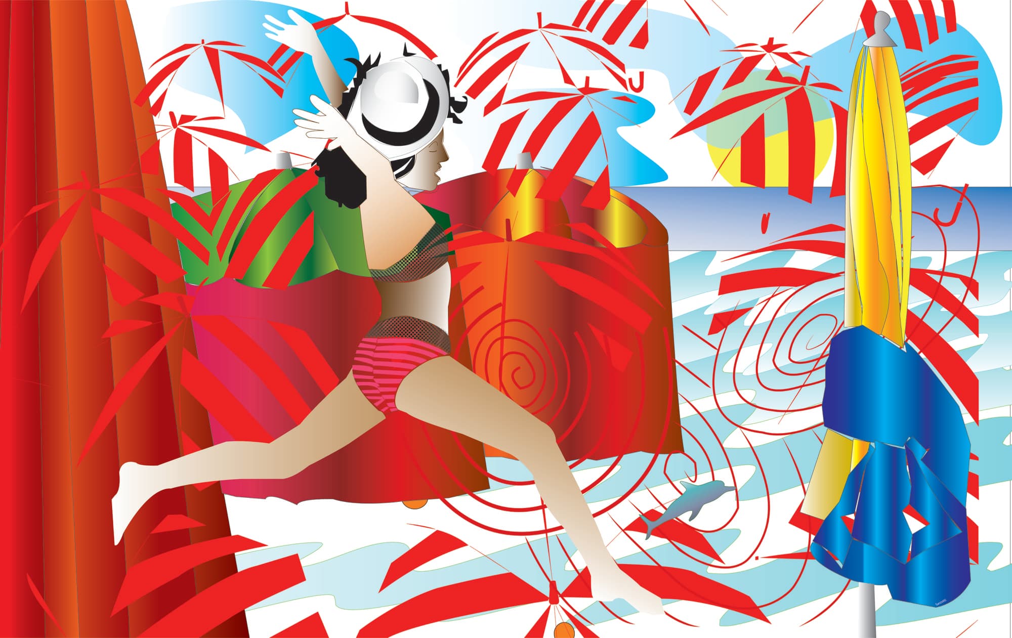 Figure running through a beach of red-and-white striped parasols