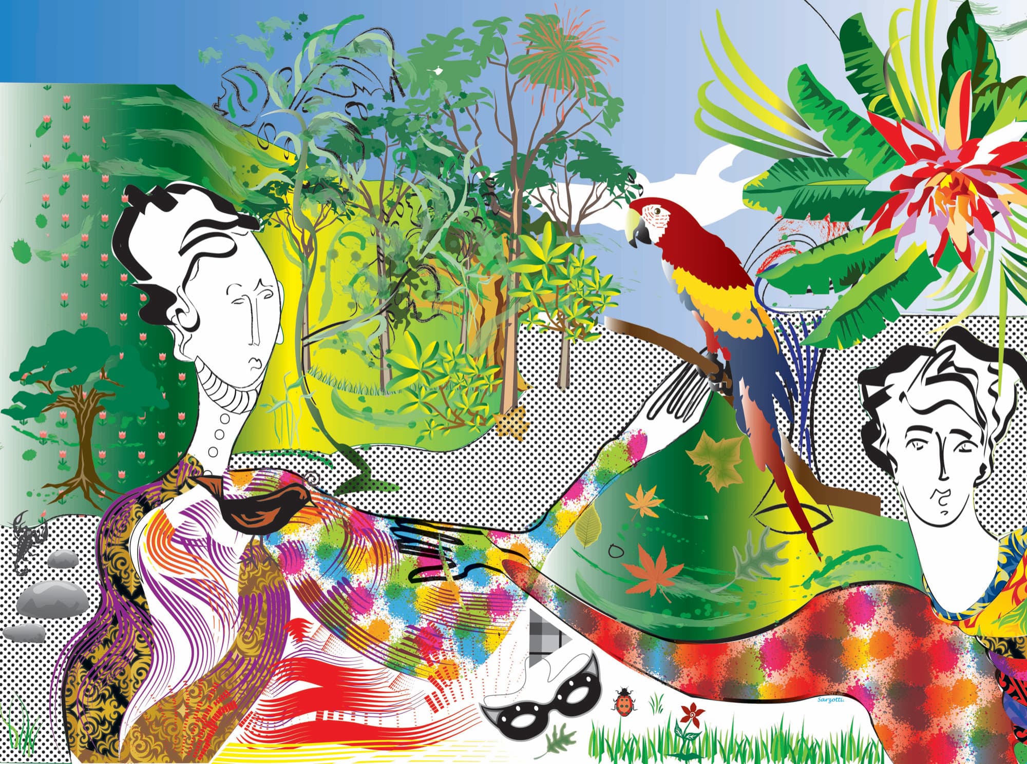 Lush tropical garden with a parrot, masks and two reclining figures