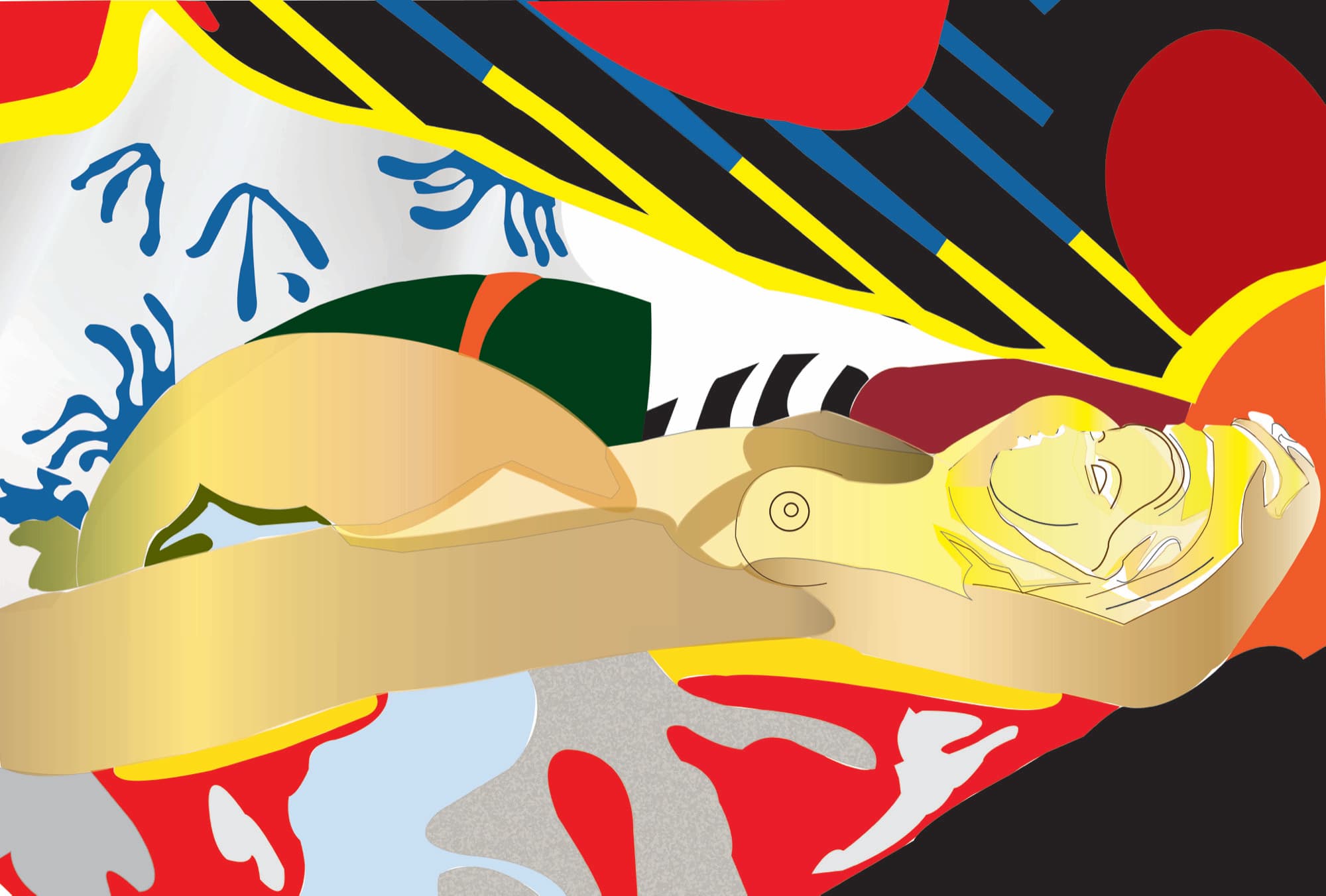 Golden reclining figure under a blazing sun with red and blue shapes