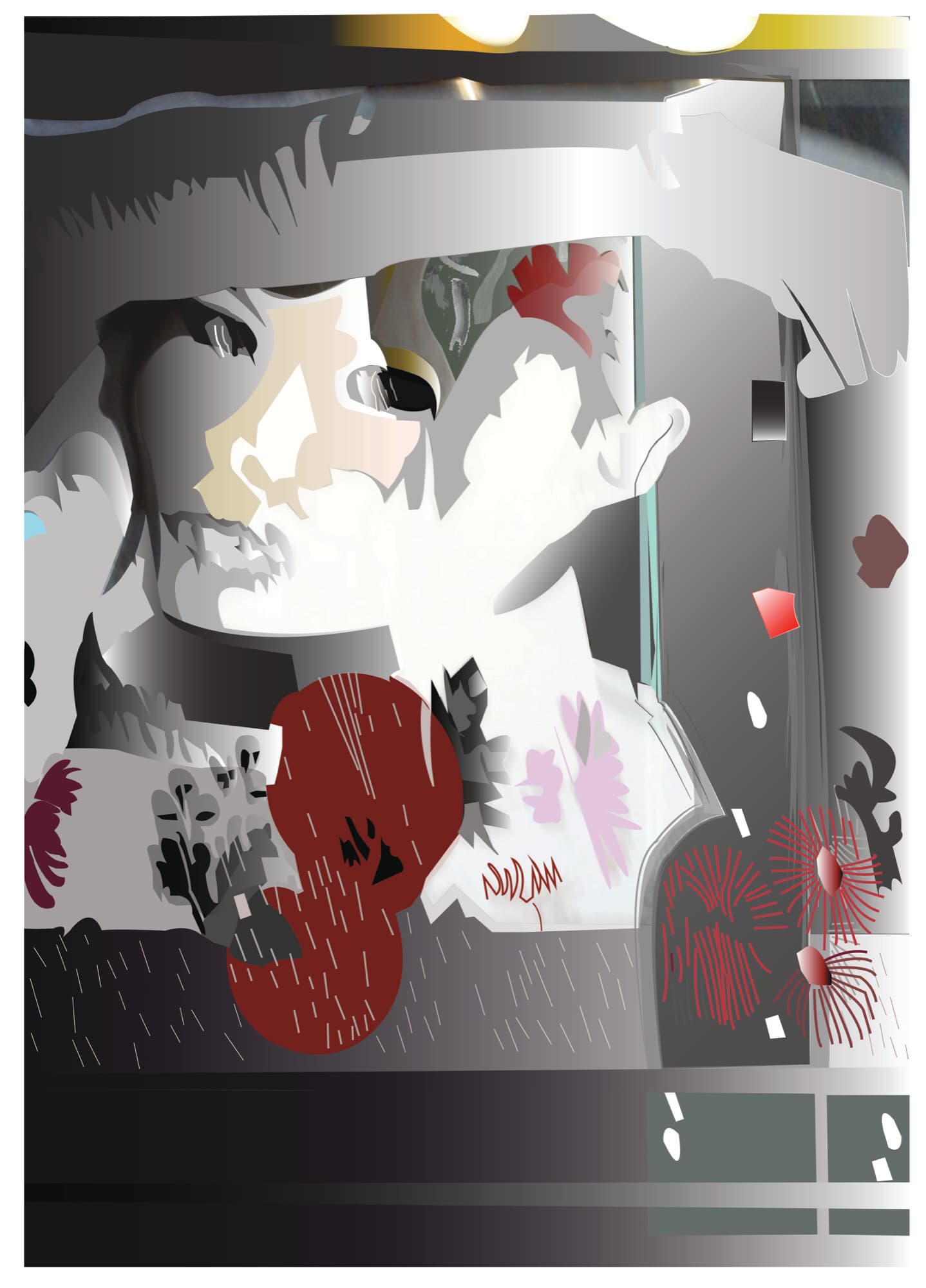 Silver, mirrored composition of a face with red flowers