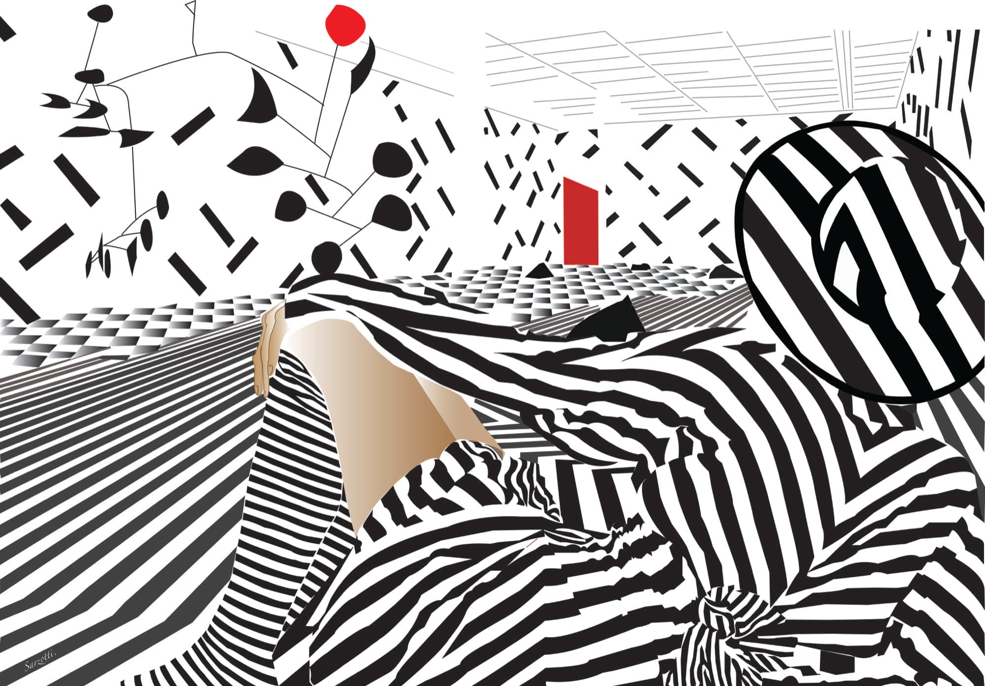 Black-and-white zebra-striped figure reclining in a patterned room