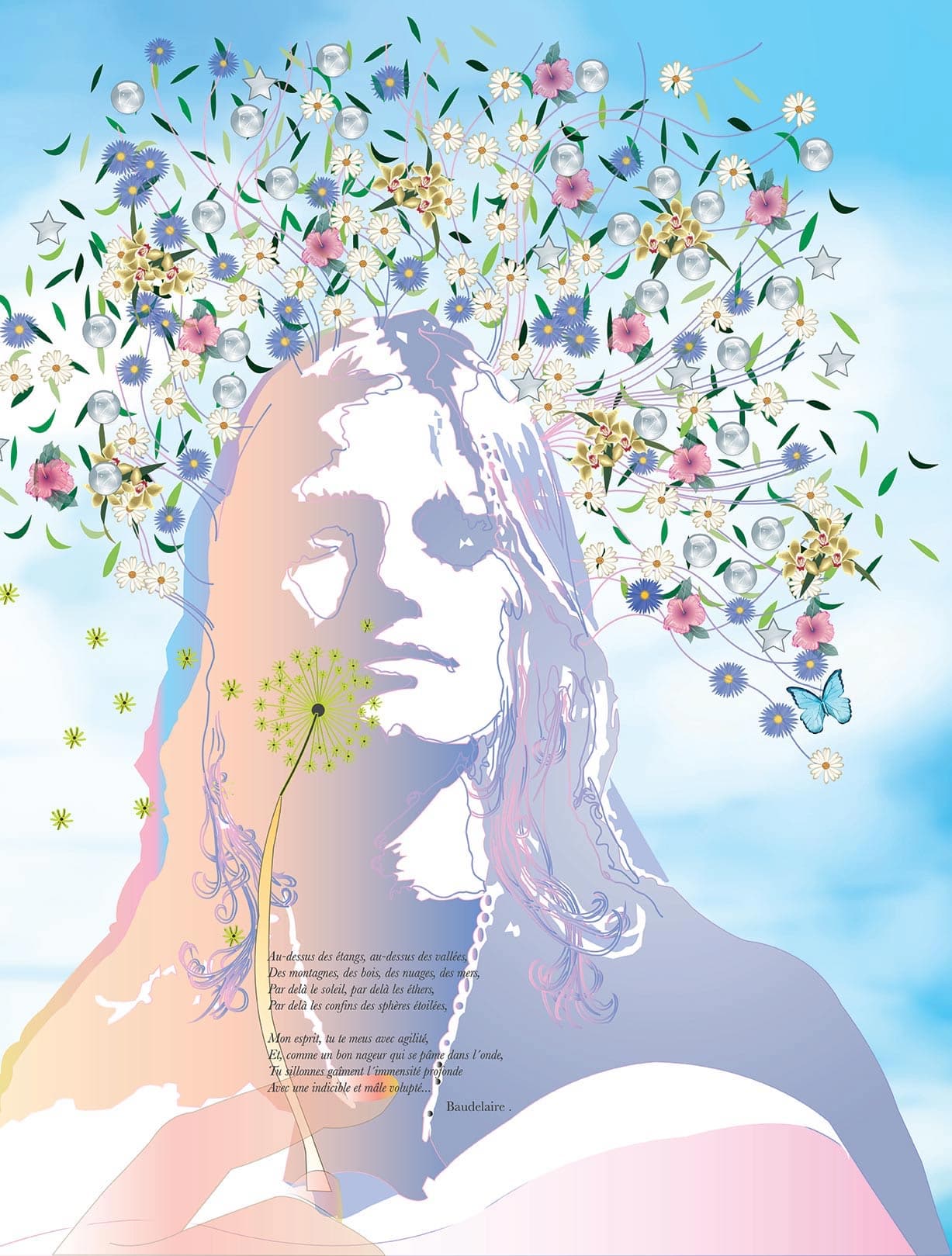 Woman's face dissolving into a crown of flowers and butterflies against a blue sky
