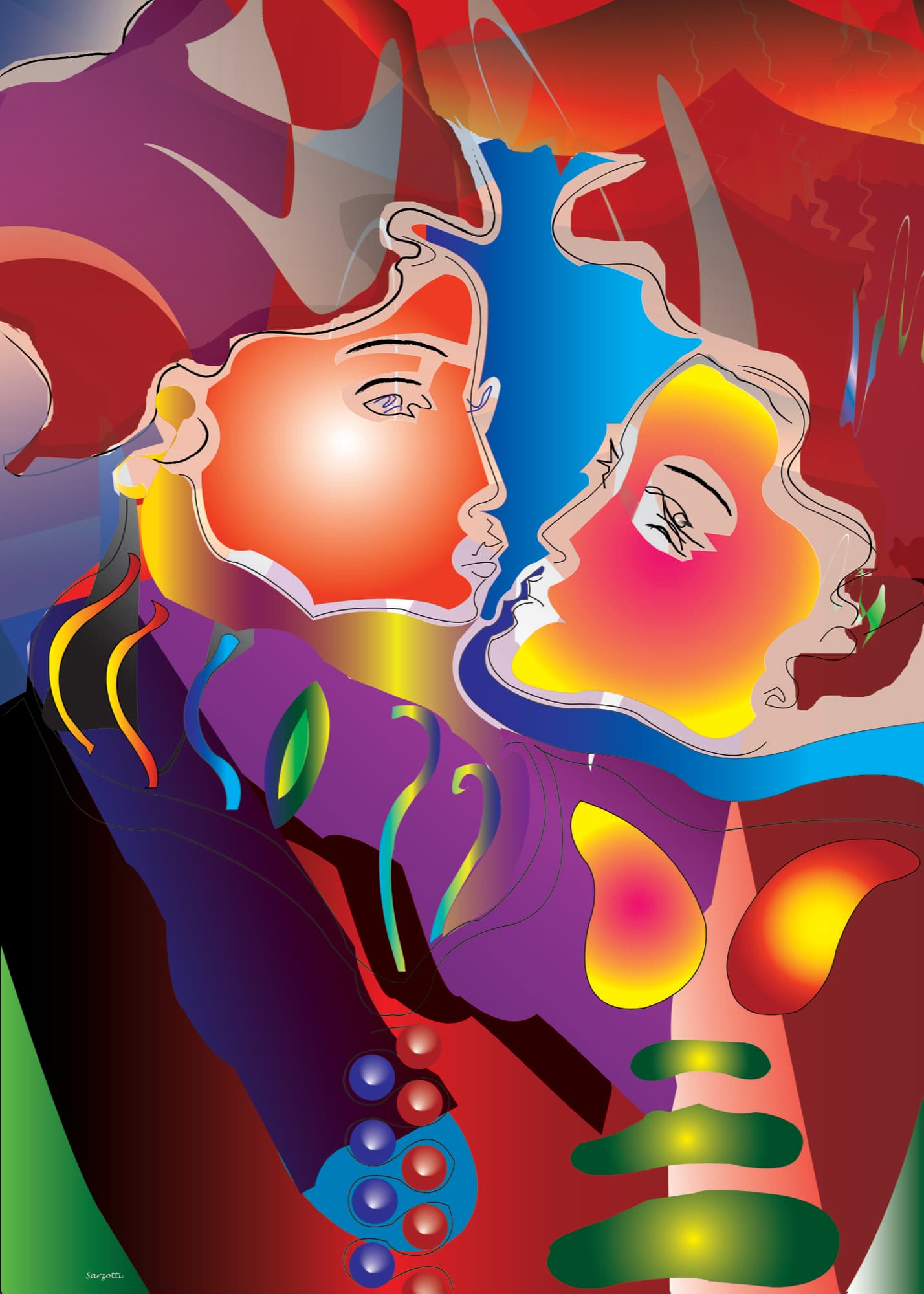 Two faces in vivid reds, blues and golds