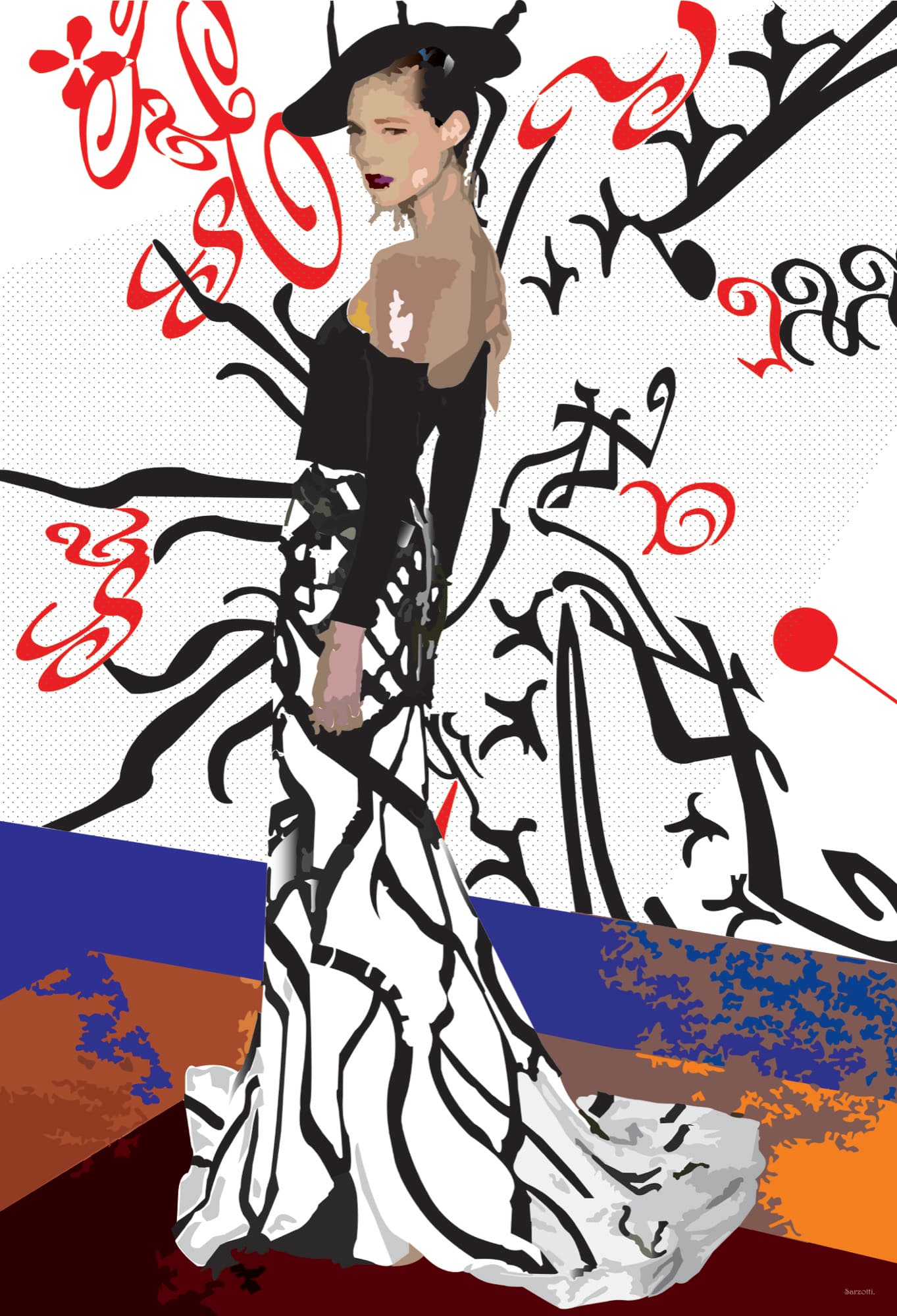 Woman in a black-and-white gown among red calligraphic branches