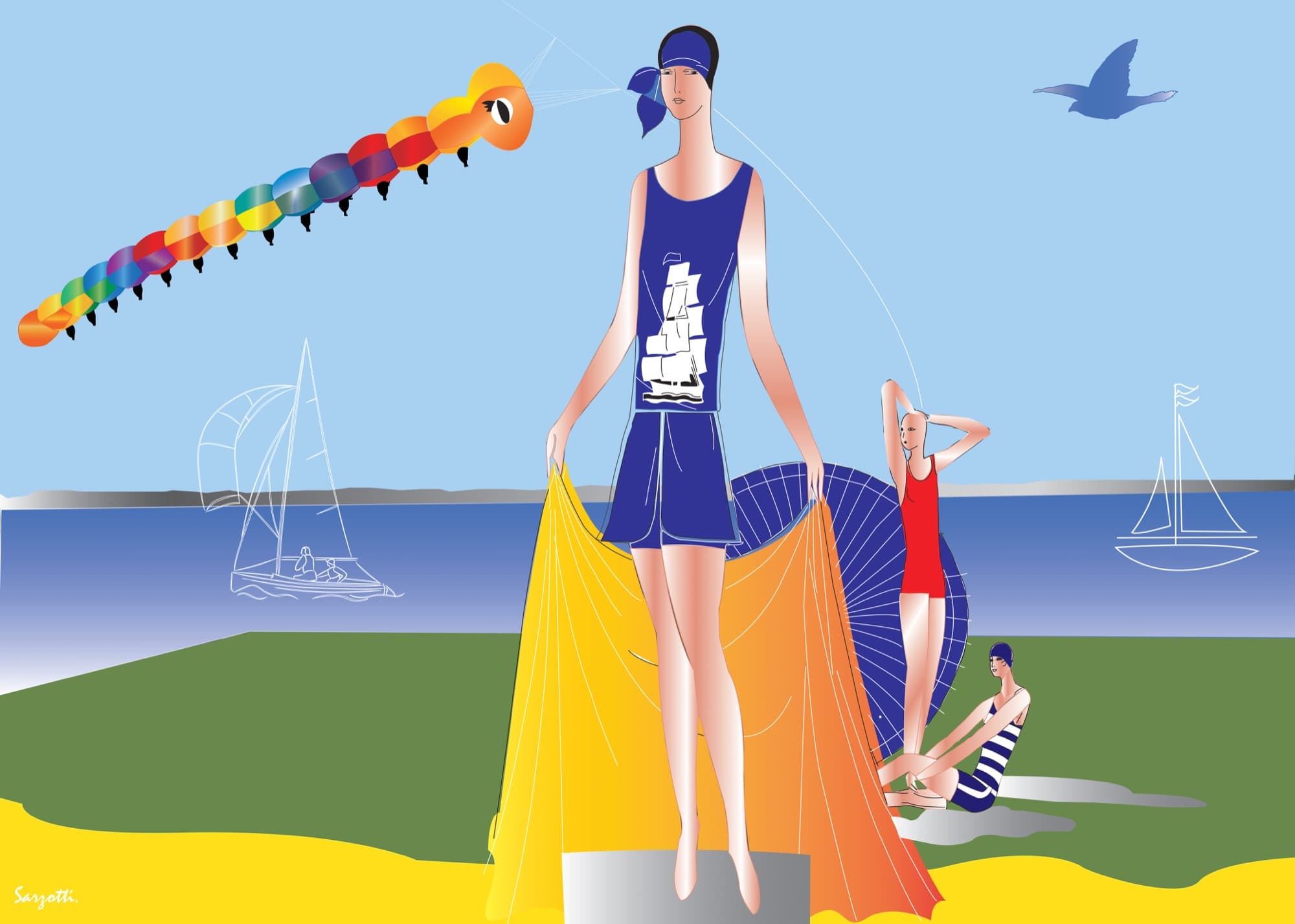 1920s women by the sea with a rainbow kite and sailing boats